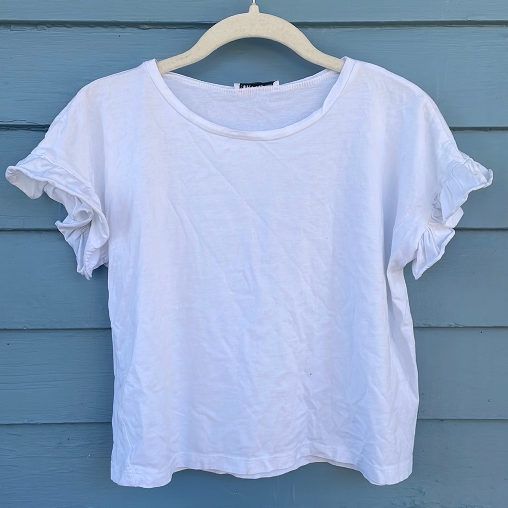 Zara White Ruffled Sleeve Cropped T-shirt